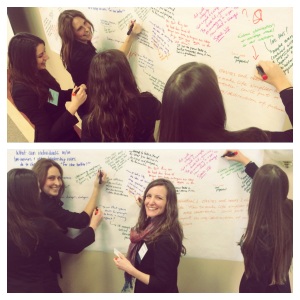 Brunettes, including Debra and Mackenzie of The Oath Project, Jotting answers to the question 'What can individuals and others in leadership roles do to change business for the better?